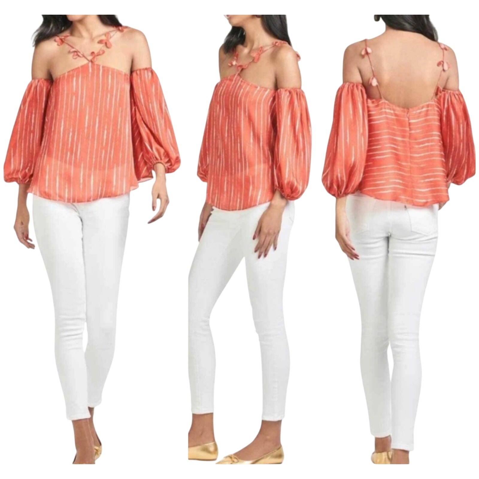 Sachin & Babi Nwt Harlow Halter Blouse Orange Shibori Stripe Long Sleeve Size S